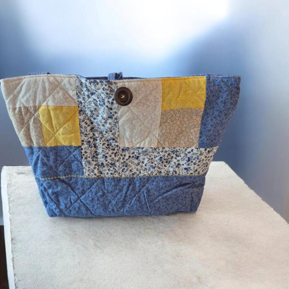 Blue & Tan Floral Quilted Tote Hand-Stitched Patchwork Bag 16.5x12  Artisan Made